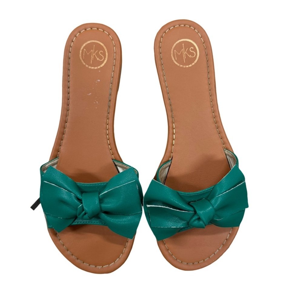 MKS Brown Slide Sandal with Green Leather Bow Size 8